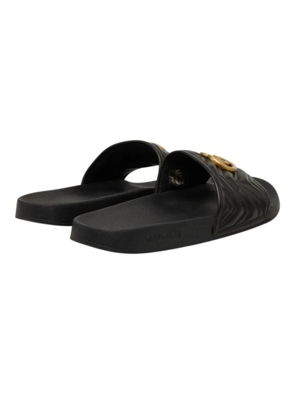 Gucci GG Marmont Shower Sandals Flat Black Leather Rubber